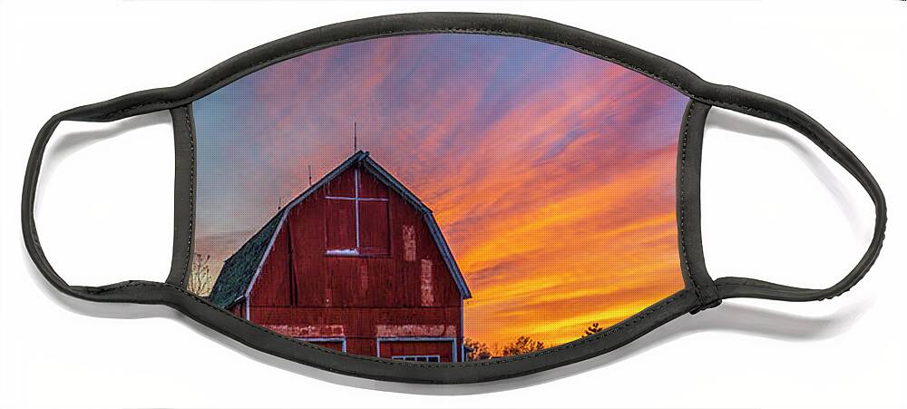 Red Barn At Sunset Face Mask featuring the photograph Red Barn At Sunset by Mark Papke