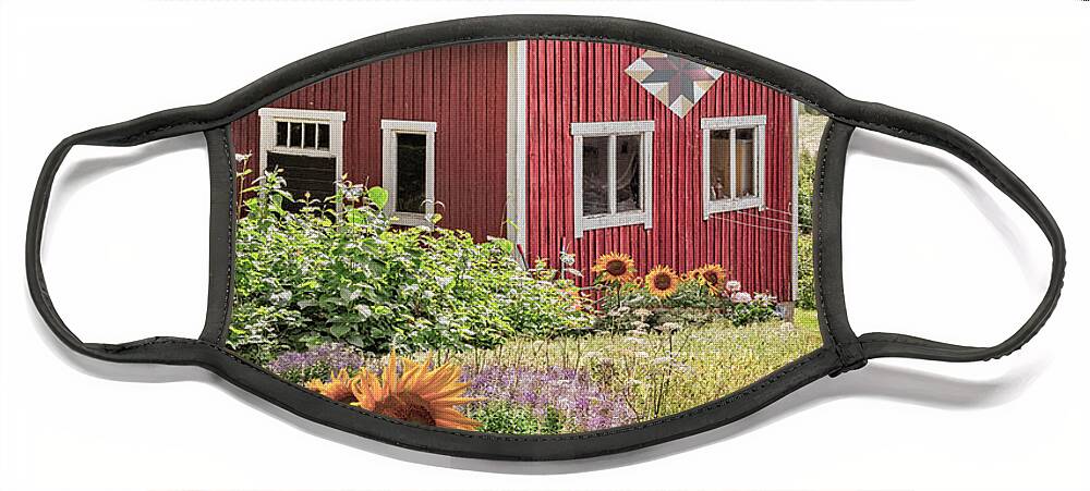 Barn Face Mask featuring the photograph Red Barn in Summer Country Sunflowers by Debra and Dave Vanderlaan