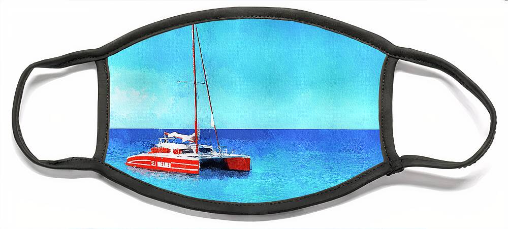 Catamaran Face Mask featuring the photograph Red Cat, Blue Sea by GW Mireles