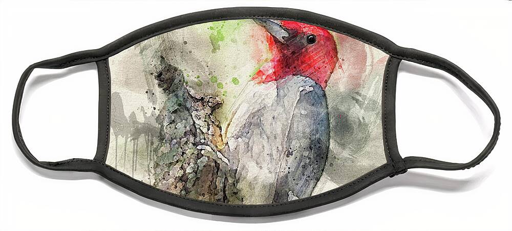 Bird Face Mask featuring the digital art Red Headed Woodpecker by Lois Bryan