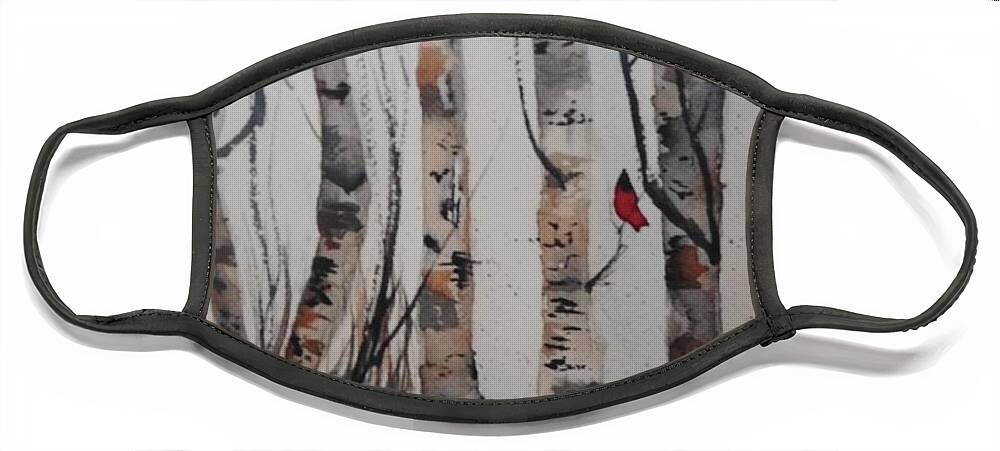 Red Bird In Birches. Male Cardinal Face Mask featuring the painting Red Male Visits by Eunice Miller