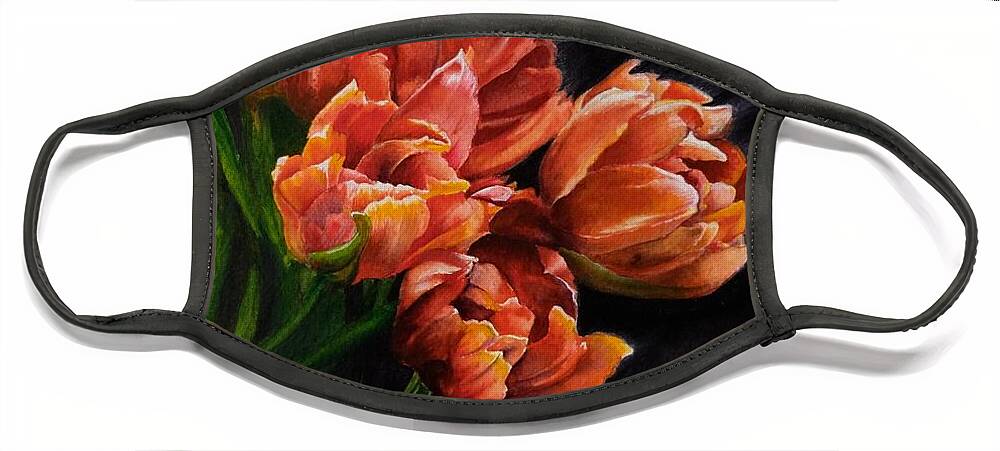 Still Life Face Mask featuring the painting Red Tulips by Jeanette Ferguson