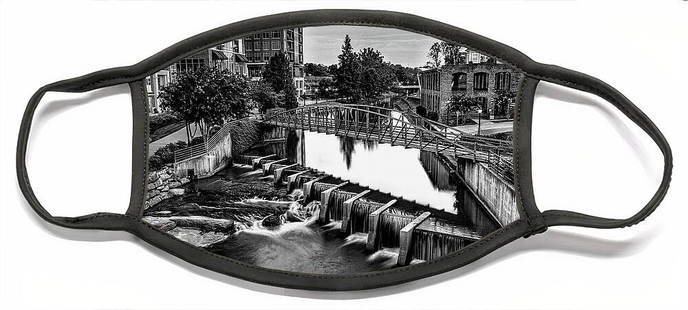 Downtown Greenville Face Mask featuring the photograph Reedy River In Downtown Greenville SC Black And White by Carol Montoya