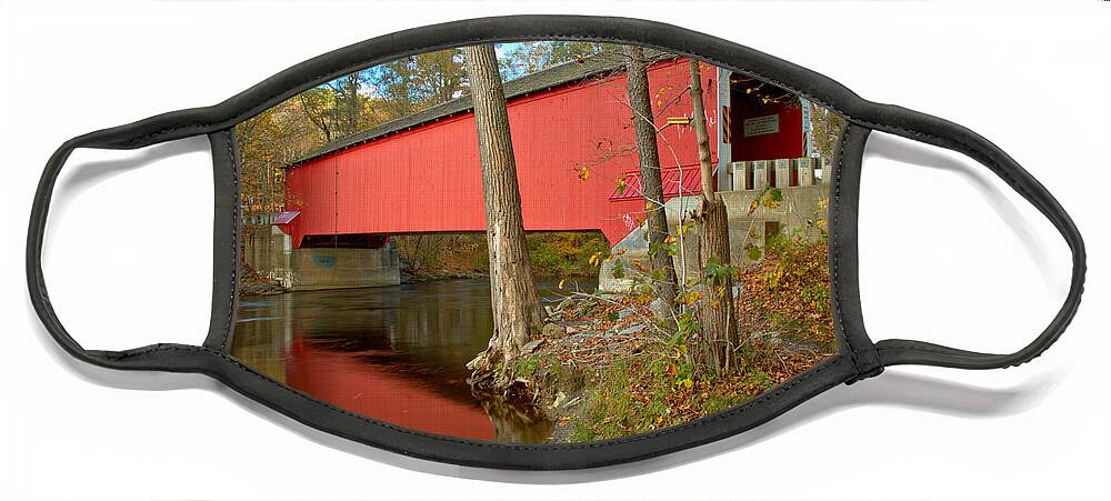 Eagleville Covered Bridge Face Mask featuring the photograph Reflections Of The Eagleville Covered Bridge by Adam Jewell