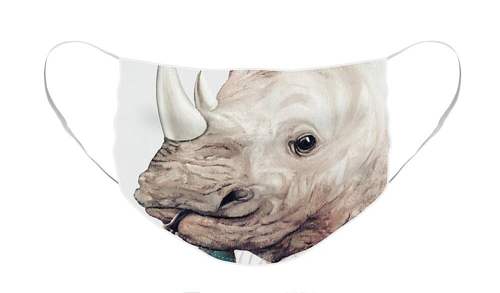 #faatoppicks Face Mask featuring the painting Rhino in Teal by Animal Crew