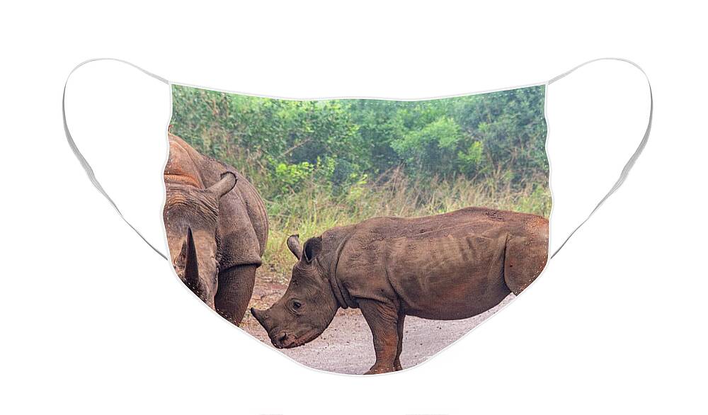 Africa Face Mask featuring the photograph Rhino Roadblock in Hluhluwe by Marcy Wielfaert