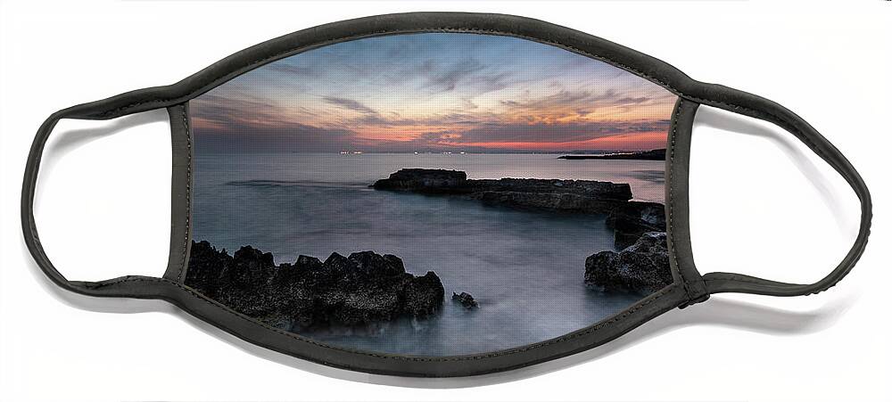 Seascape Face Mask featuring the photograph Rocky Seascape with dramatic beautiful sunset by Michalakis Ppalis