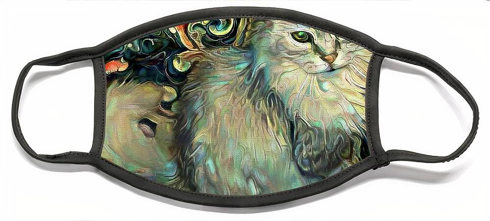 Maine Coon Cat Face Mask featuring the digital art Samson the Silver Maine Coon Cat by Peggy Collins