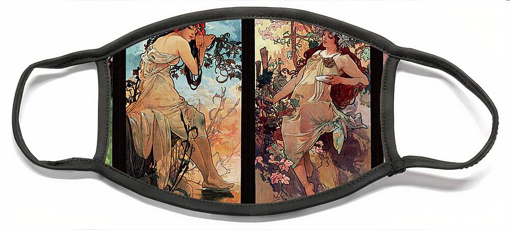 Seasons Face Mask featuring the painting Seasons by Alphonse Mucha by Rolando Burbon