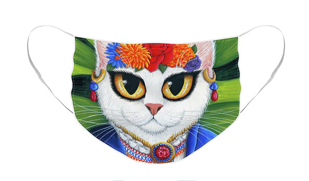 Cat Decor Face Mask featuring the painting Senorita Cat - White Cat - Spanish Mexican by Carrie Hawks