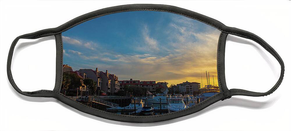 Shelter Cove Face Mask featuring the photograph Shelter Cove Marina Sunset in March by Dennis Schmidt