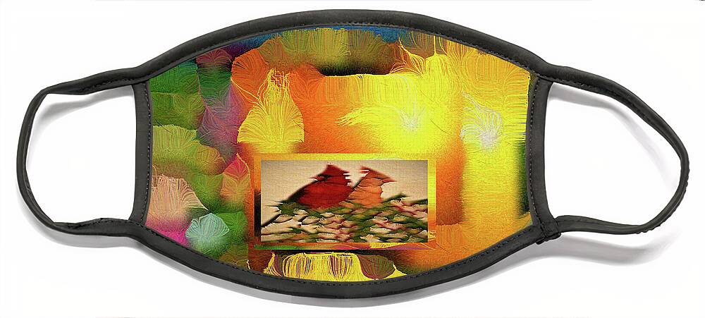 Silk-featherbrush Face Mask featuring the digital art Silk-Featherbrush Number 2 - Two Redbirds of a Feather Cozy Together by Aberjhani