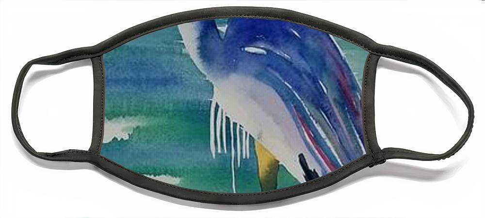 Blue Heron Face Mask featuring the painting Sir Blue by Ann Frederick