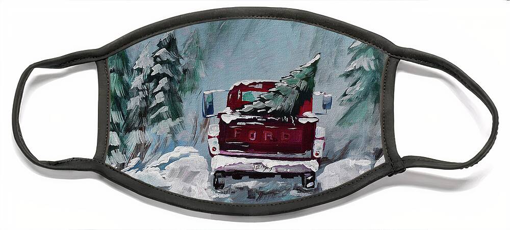 Ford Truck Face Mask featuring the painting Dashing Thru the Snow - Ford Truck by Jan Dappen