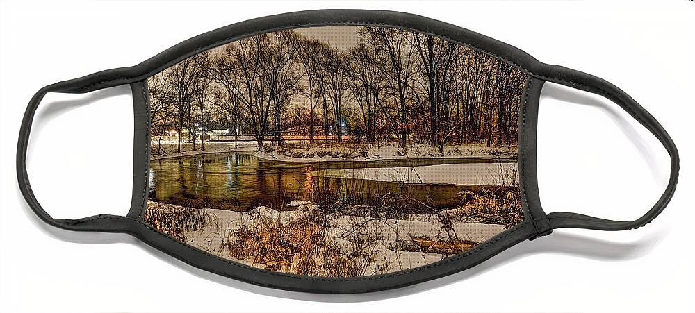  Face Mask featuring the digital art Snowy Night on the Clinton River V3 DSC_0098 by Michael Thomas