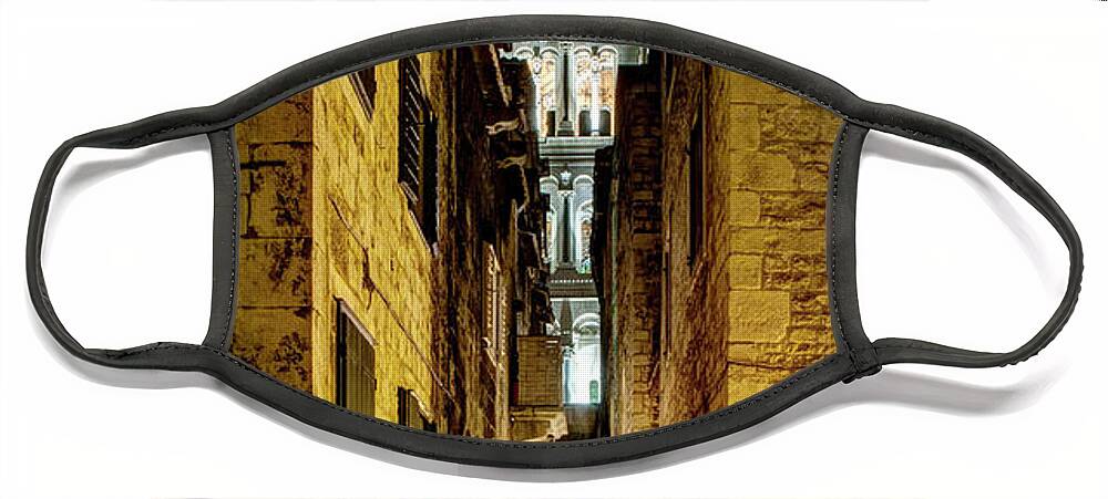 Split Cathedral Face Mask featuring the photograph Split Cathedral from the temple of Jupiter at night Croatia by Weston Westmoreland