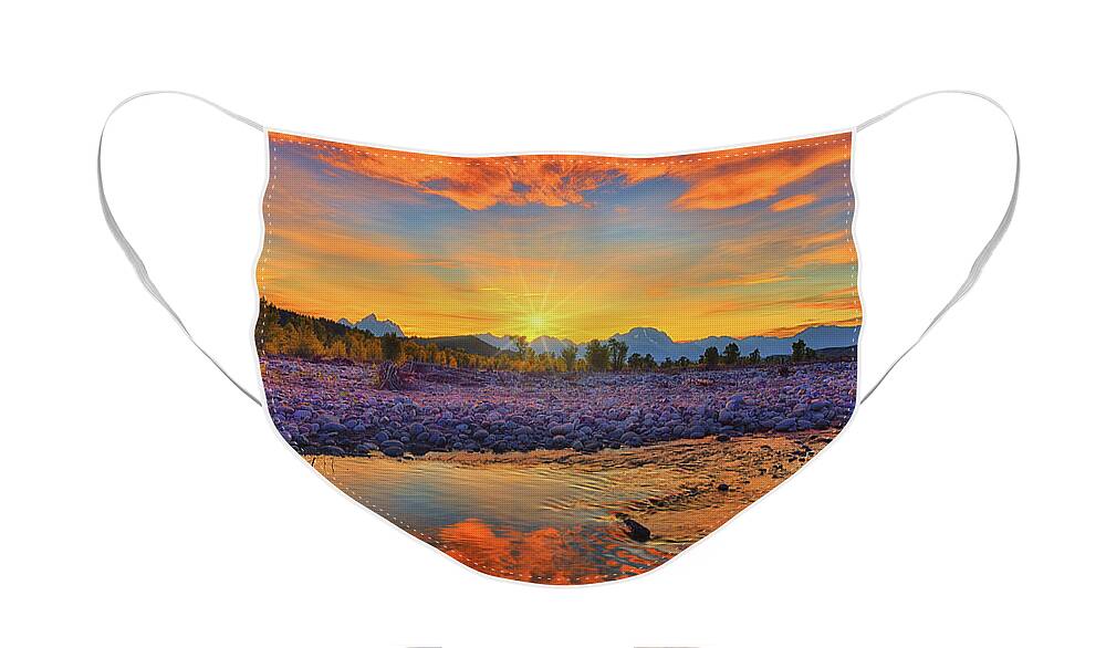 Grand Teton National Park Face Mask featuring the photograph Spread Creek Autumn Sunset Reflections by Greg Norrell