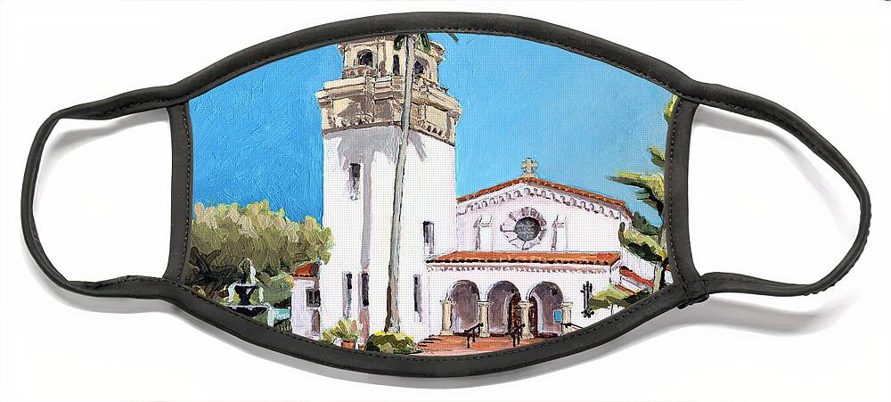 St James Face Mask featuring the painting St. James By-the-Sea Episcopal Church La Jolla San Diego California by Paul Strahm