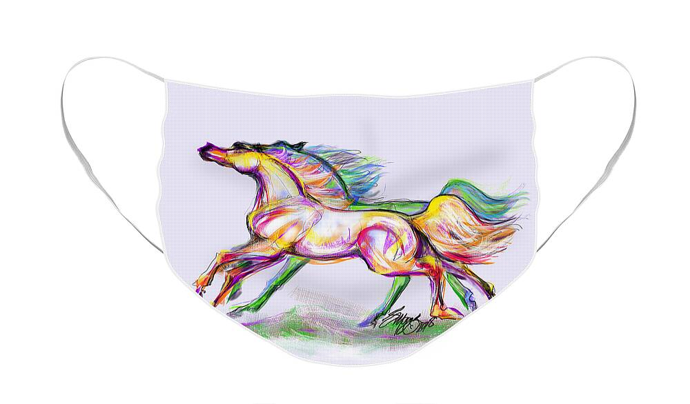 Equine Artist Stacey Mayer Face Mask featuring the digital art Crayon Bright Horses by Stacey Mayer