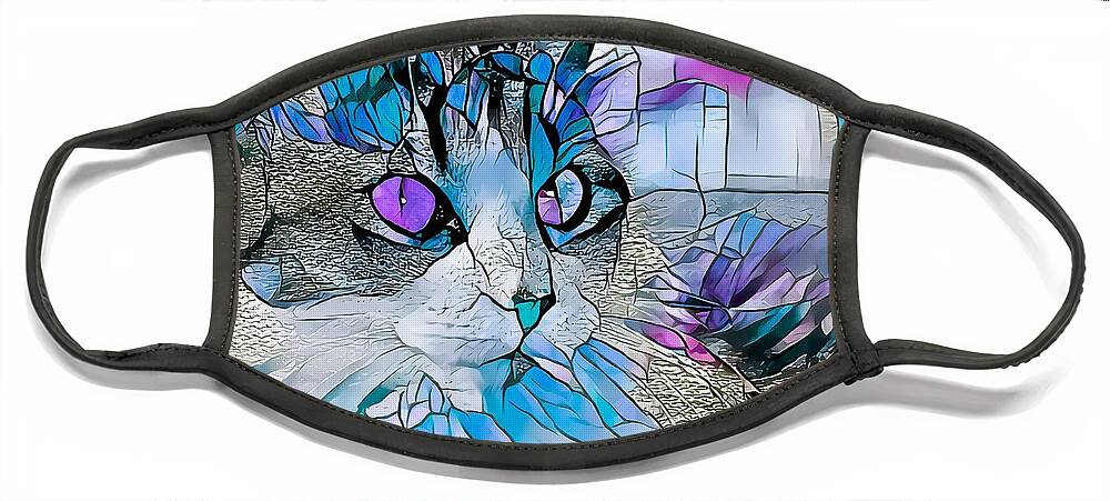 Glass Face Mask featuring the digital art Stained Glass Cat Profile Blue by Don Northup