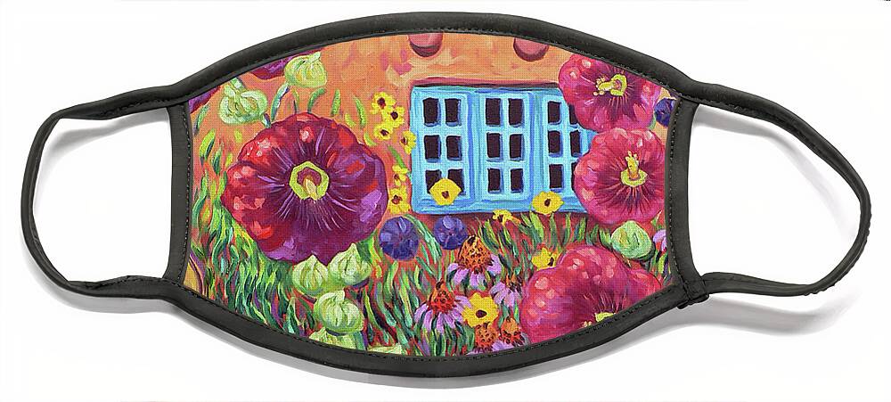 Adobe Face Mask featuring the painting Stairway of Hollyhocks by Cathy Carey