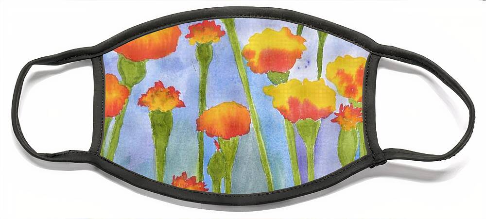 Barrieloustark Face Mask featuring the painting Stand Up Marigolds by Barrie Stark