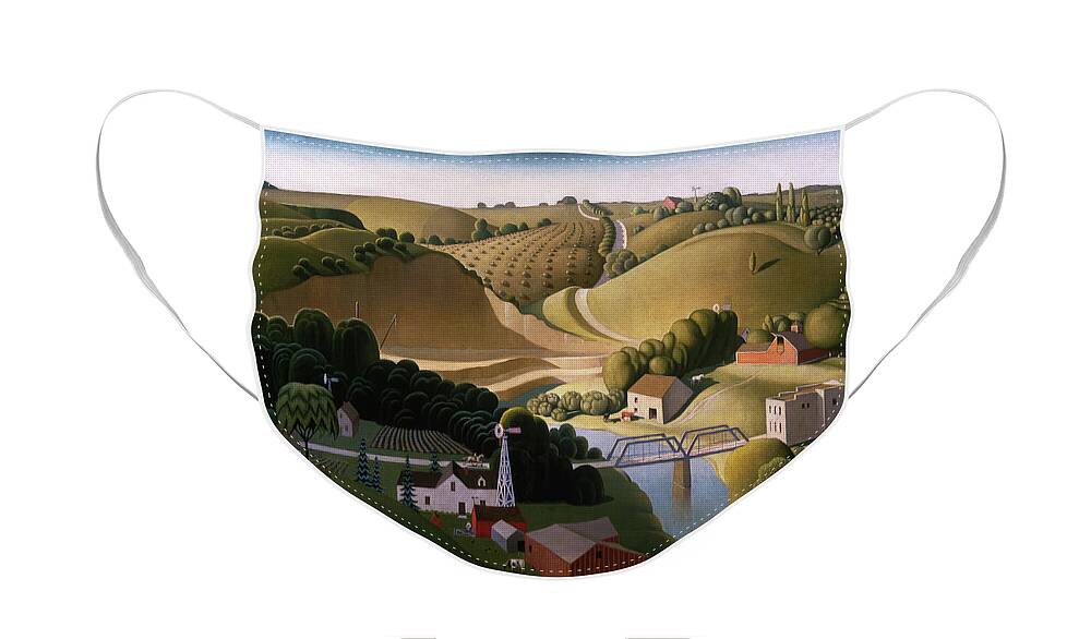 Grant Wood Face Mask featuring the painting Stone City, 1930 by Grant Wood