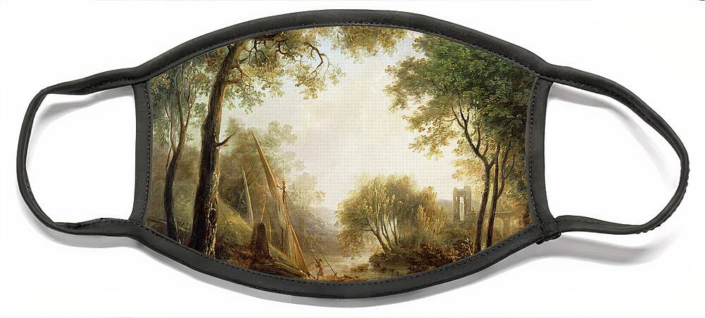 Summer Landscape Face Mask featuring the painting Summer Landscape with Water and Tall Trees by Elias Martin by Rolando Burbon