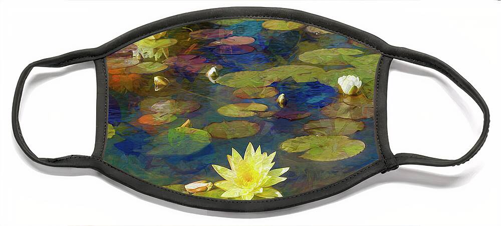 Water Lily Face Mask featuring the digital art Sunny Lily Pond by Bonnie Follett