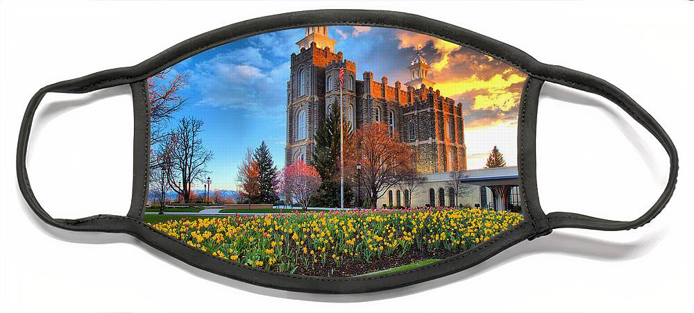 Logan Temple Face Mask featuring the photograph Sunset Over The Logan Utah Temple by Adam Jewell