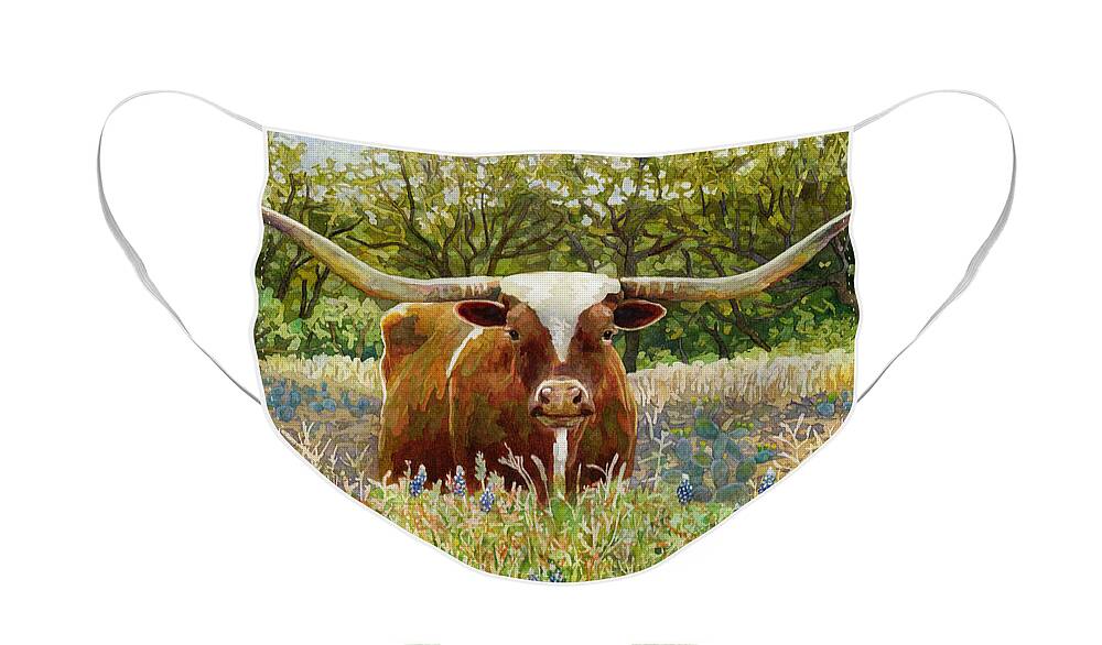 Longhorn Face Mask featuring the painting Texas Longhorn by Hailey E Herrera