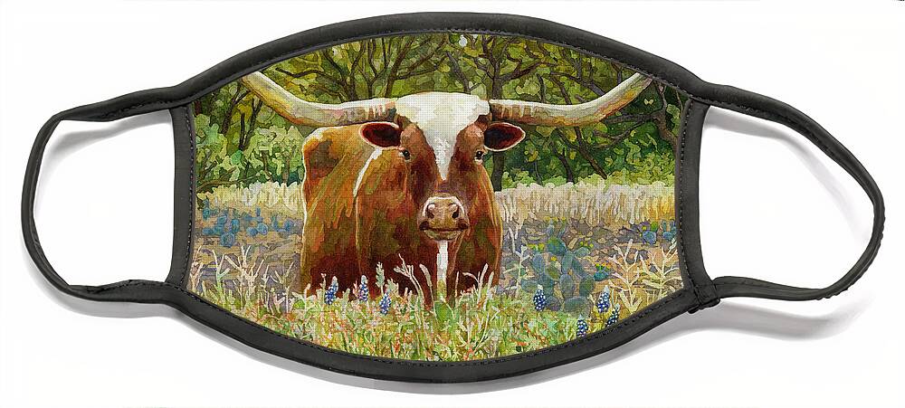 Longhorn Face Mask featuring the painting Texas Longhorn by Hailey E Herrera