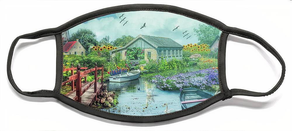 Barn Face Mask featuring the digital art The Beauty of Flowers in Holland on a Misty Morning by Debra and Dave Vanderlaan