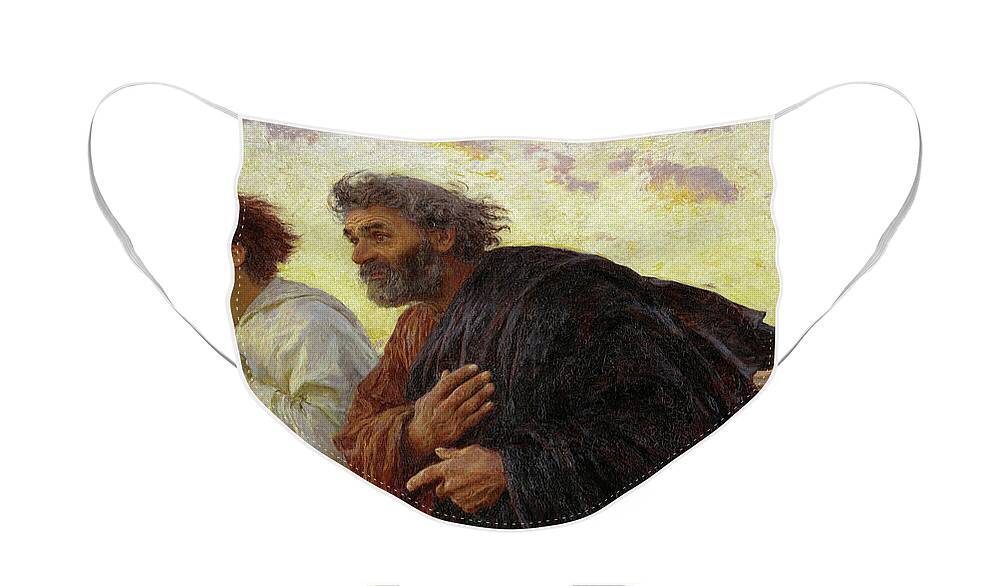 Eugene Burnand Face Mask featuring the painting The Disciples Peter and John running to the tomb on the morning of the Resurrection, 1898 by Eugene Burnand