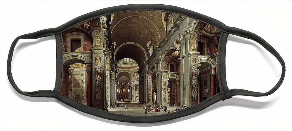 The Nave Of St. Peter's Basilica Face Mask featuring the painting The Nave of St Peter's Basilica in the Vatican c1735 by Giovanni Paolo Pannini by Rolando Burbon