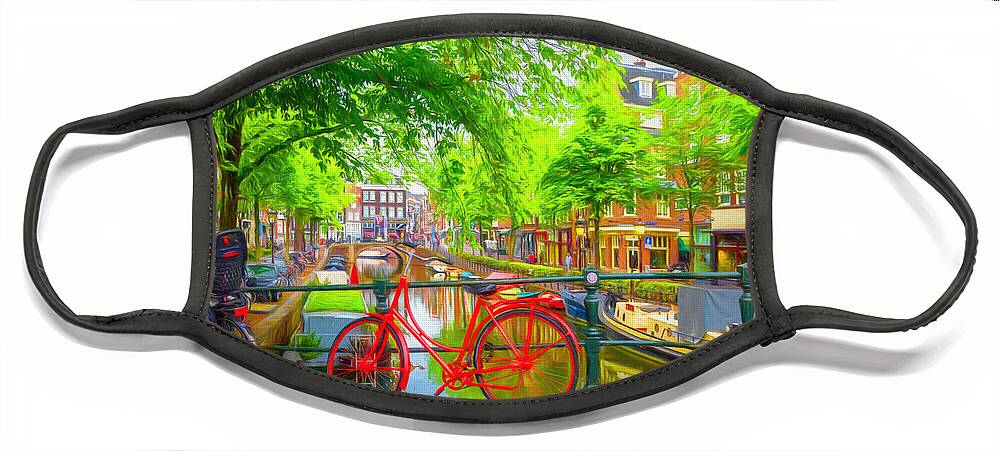 Boats Face Mask featuring the photograph The Red Bike in Amsterdam Painting by Debra and Dave Vanderlaan