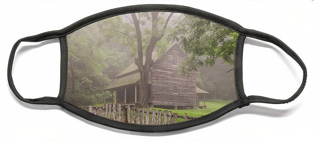 Cades Cove Face Mask featuring the photograph The Tipton Place on a Foggy Morning by Marcy Wielfaert