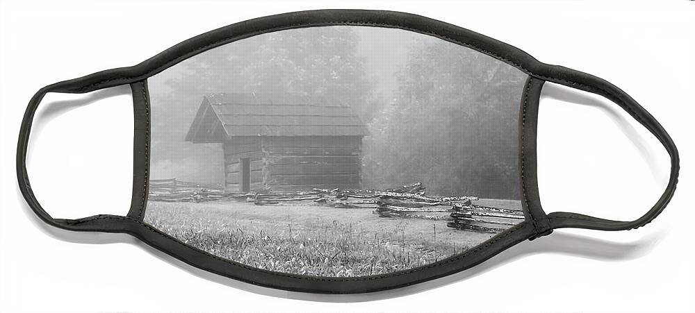 Cades Cove Face Mask featuring the photograph The Woodshed on a Foggy Morning, Black and White by Marcy Wielfaert