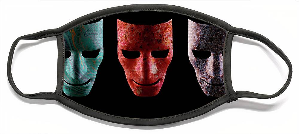 Mask Face Mask featuring the photograph Three textured AI robotic face masks by Simon Bratt