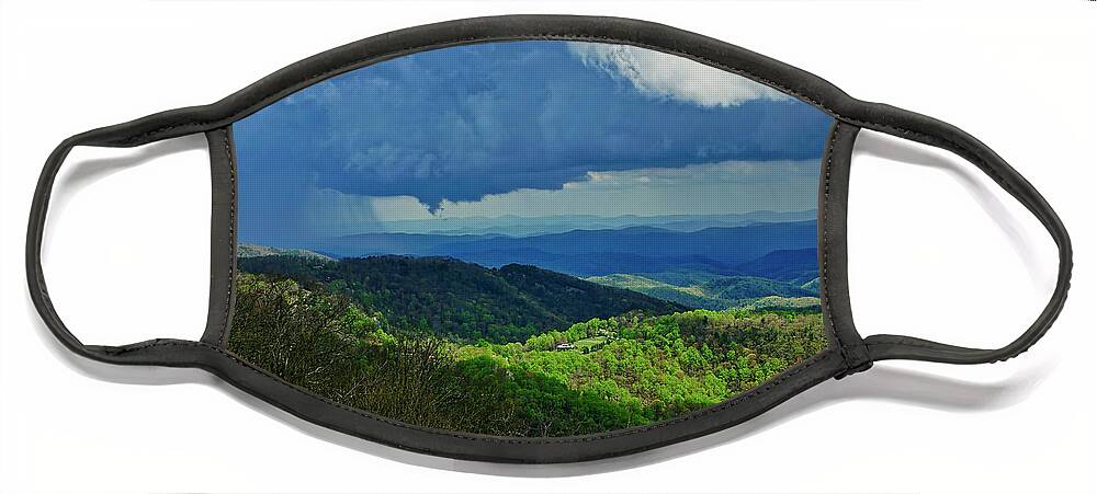 Thunder Mountain Face Mask featuring the photograph Thunder Mountain Overlook distant rain by Meta Gatschenberger