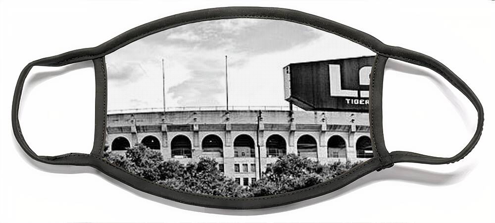 Lsu Face Mask featuring the photograph Tiger Stadium Panorama - BW by Scott Pellegrin