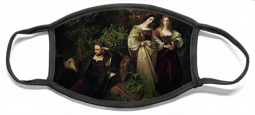 Torquato Tasso Face Mask featuring the painting Torquato Tasso and the Two Leonores by Karl Ferdinand Sohn by Rolando Burbon