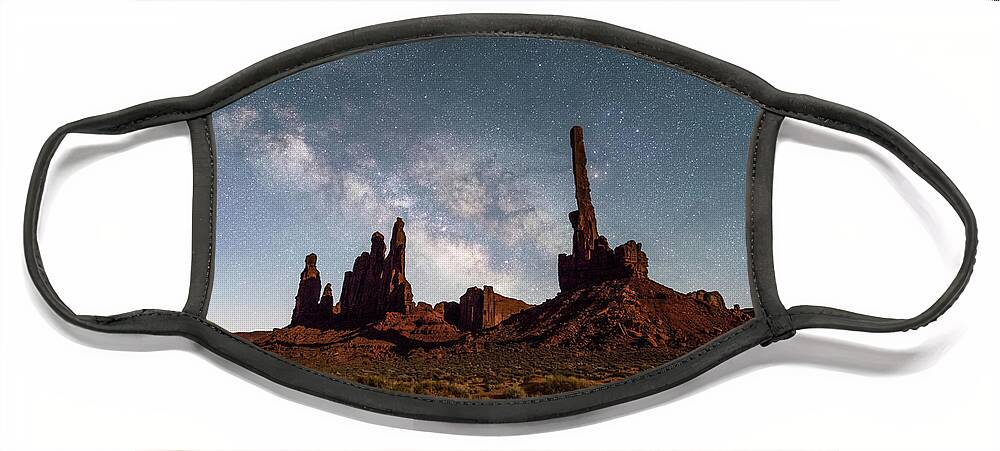 Monument Valley Tribal Park Face Mask featuring the photograph Totem Pole, Yei Bi Che and Milky Way by Dan Norris