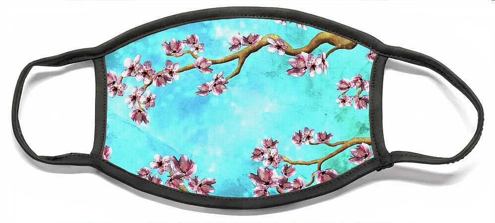 Cherry Blossoms Face Mask featuring the digital art Tranquility Blossoms in Blue and Pink by Laura Ostrowski
