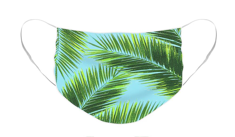 Tropical Palm Leaf Face Mask featuring the mixed media Tropical Palm Leaf Pattern 2 - Tropical Wall Art - Summer Vibes - Modern, Minimal - Green, Blue by Studio Grafiikka