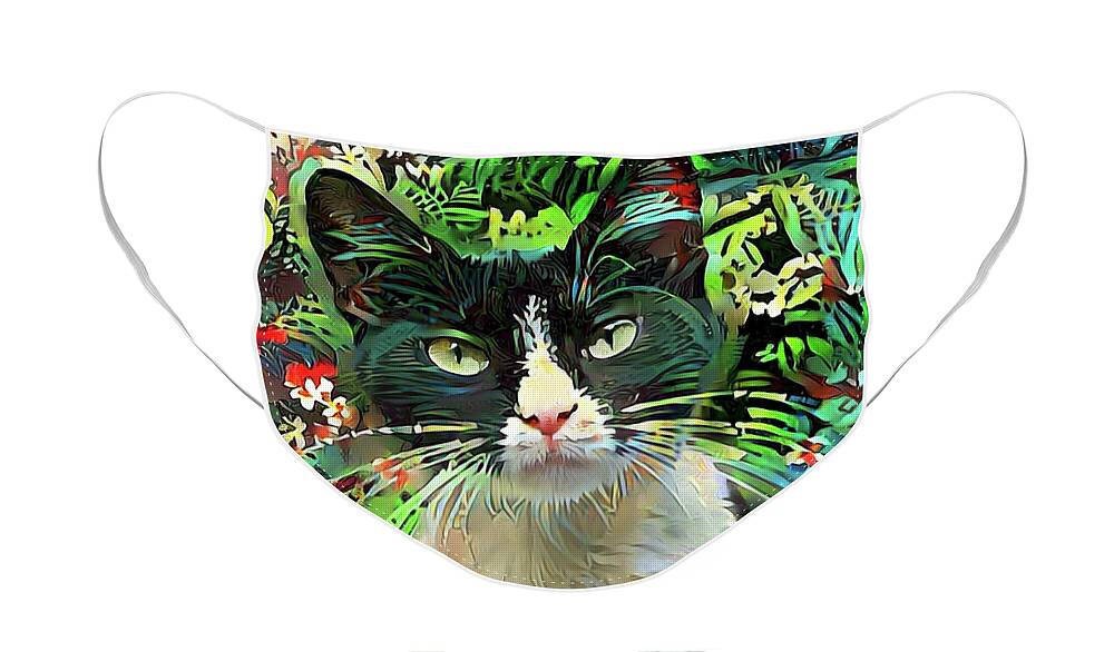 Tuxedo Cat Face Mask featuring the digital art Tucker the Tuxedo Cat by Peggy Collins