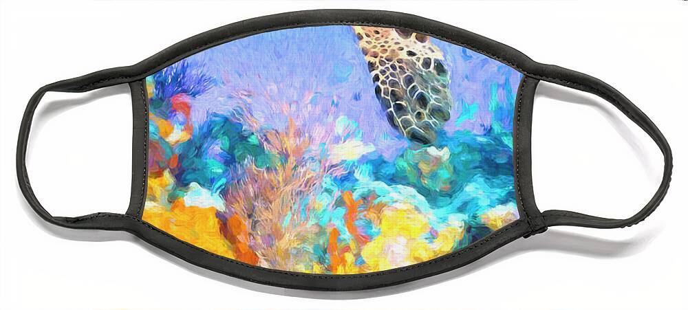 Atlantic Face Mask featuring the photograph Turtle at the Reef Watercolor Painting by Debra and Dave Vanderlaan