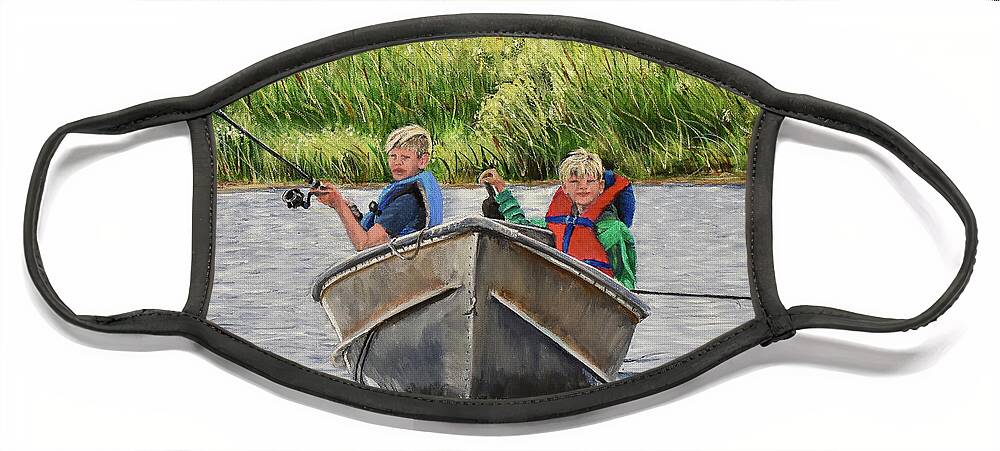  Young Face Mask featuring the painting Two Boys and a Boat by Marilyn McNish