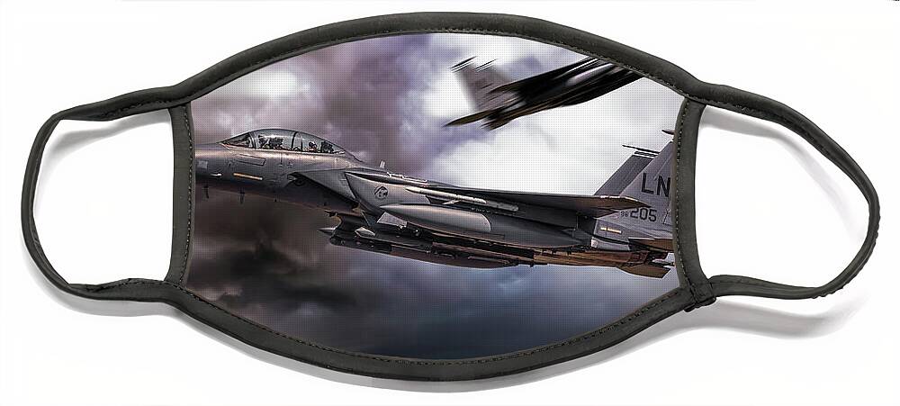 F15 Face Mask featuring the digital art Two F-15E Strike Eagle passing in storm clouds by Simon Bratt