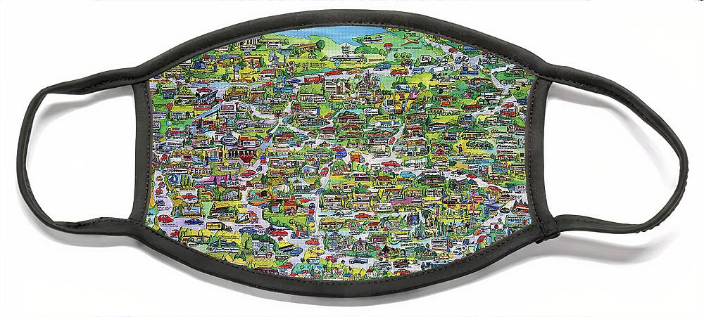 Silicon Valley Face Mask featuring the mixed media Vintage 1982 Silicon Valley USA Poster Print, Shows Many Historic Companies and Places by Kathy Anselmo